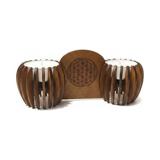 Lichtduett Blume des Lebens, dunkles Holz – zwei Teelichthalter mit Gravur