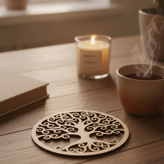 Untersetzer Baum des Lebens im Wohnzimmer mit Tasse und Kerze