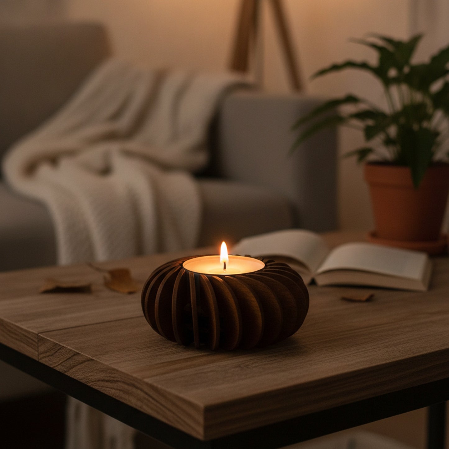 Teelichthalter Sonnentanz dunkel, Wohnzimmer-Abendstimmung