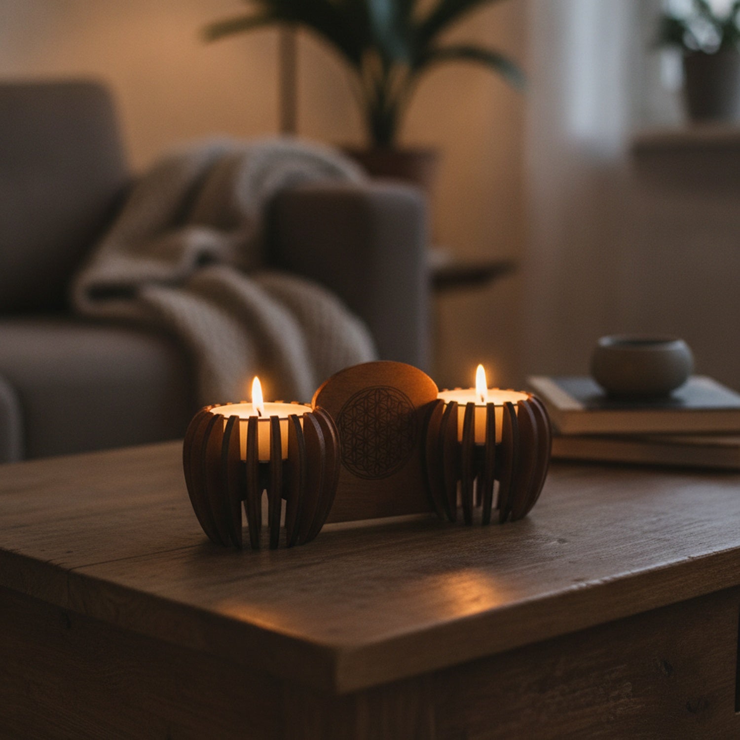 Lichtduett Blume des Lebens dunkel, Wohnzimmer-Abendstimmung