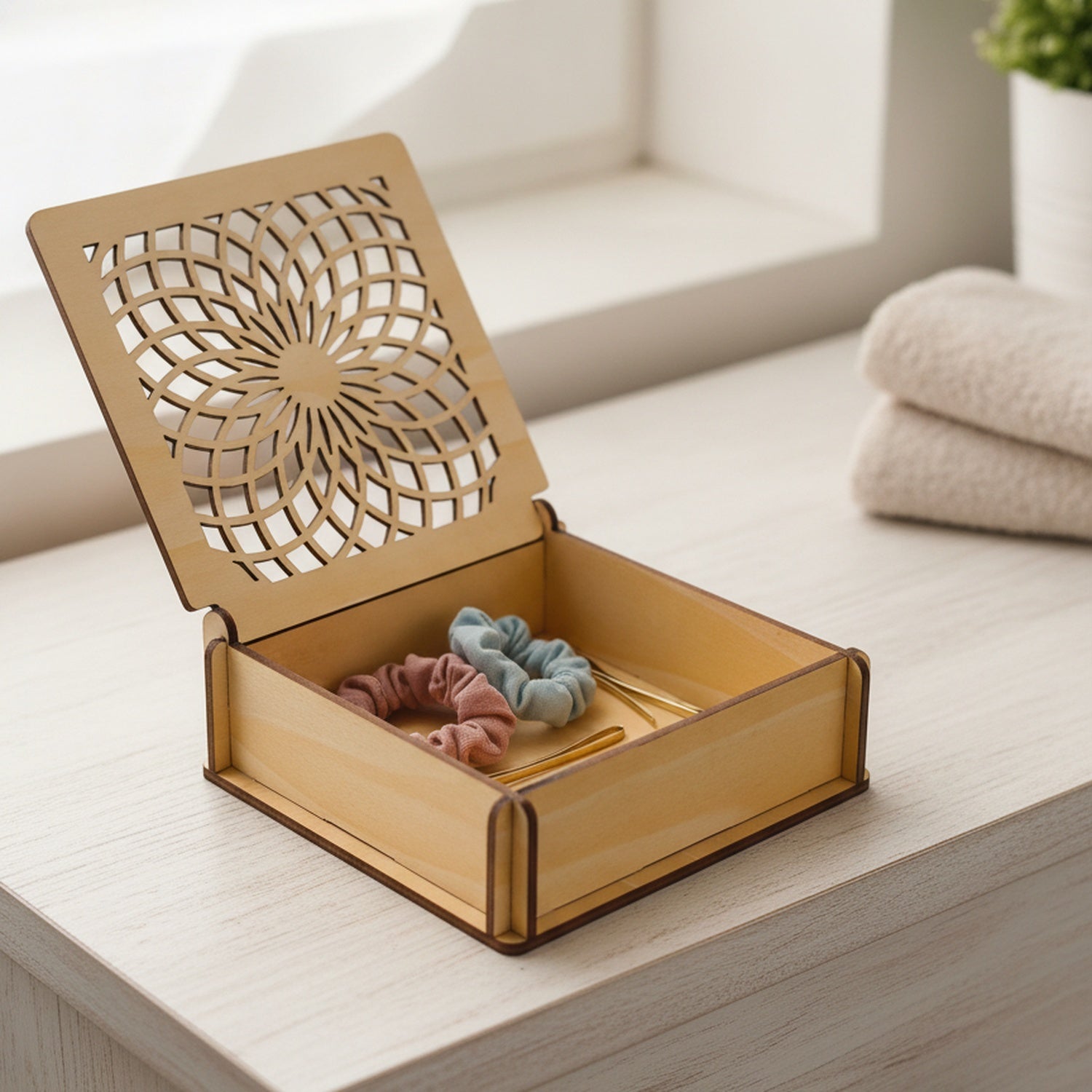 Schmuckkästchen Kaleidoskop hell als Box für Haargummis und Spangen