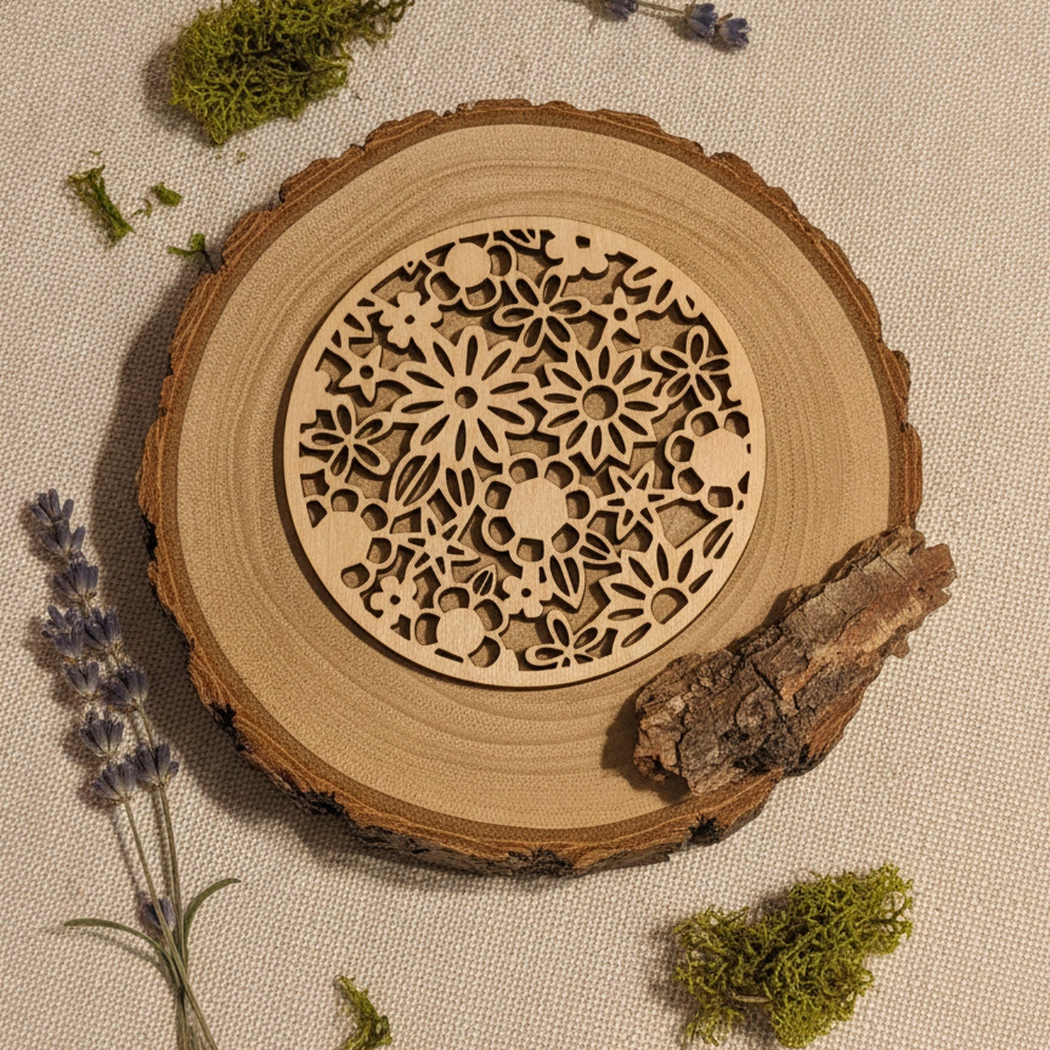Untersetzer Blütenmeer mit Trockenblumen und Leinen