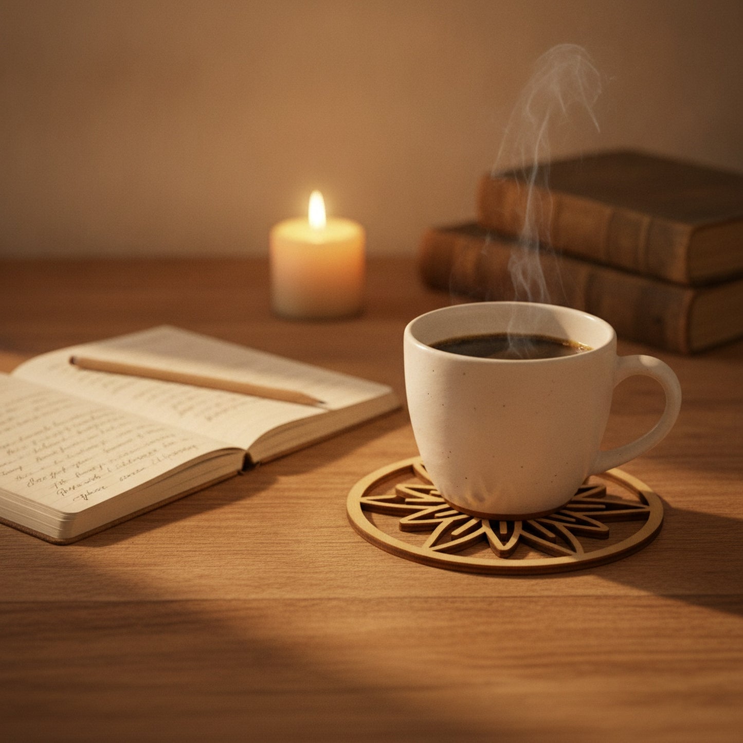Untersetzer Edelweiß im Wohnzimmer mit Tasse und Kerze