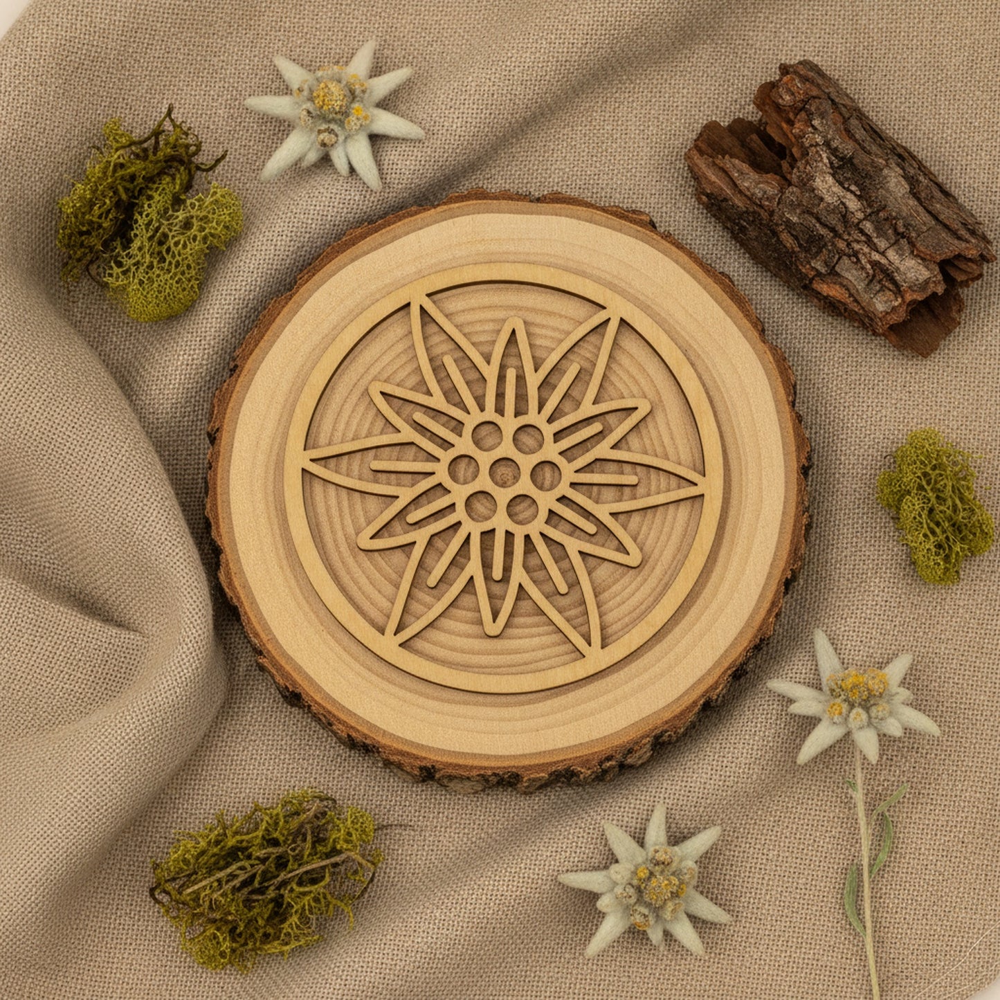 Untersetzer Edelweiß mit Trockenblumen und Holz