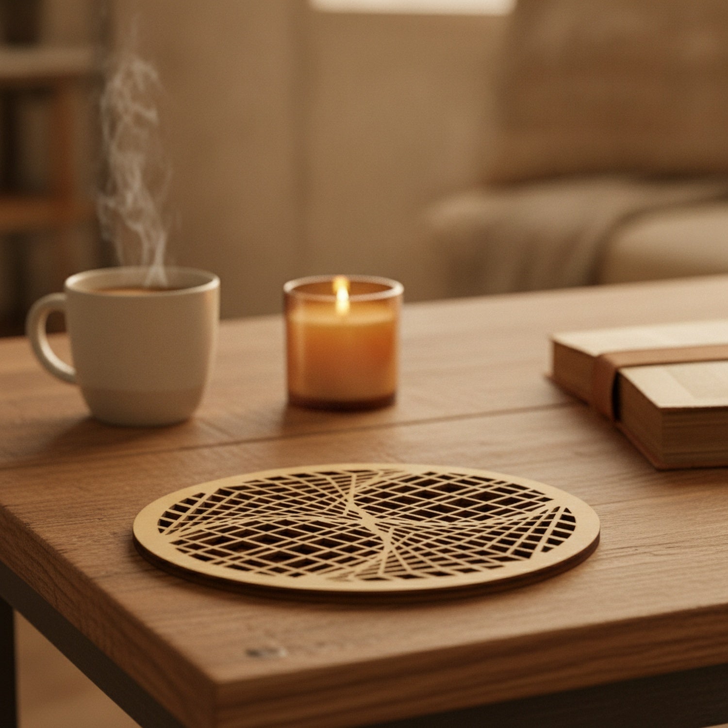 Untersetzer Geometrie im Wohnzimmer mit Tasse und Kerze