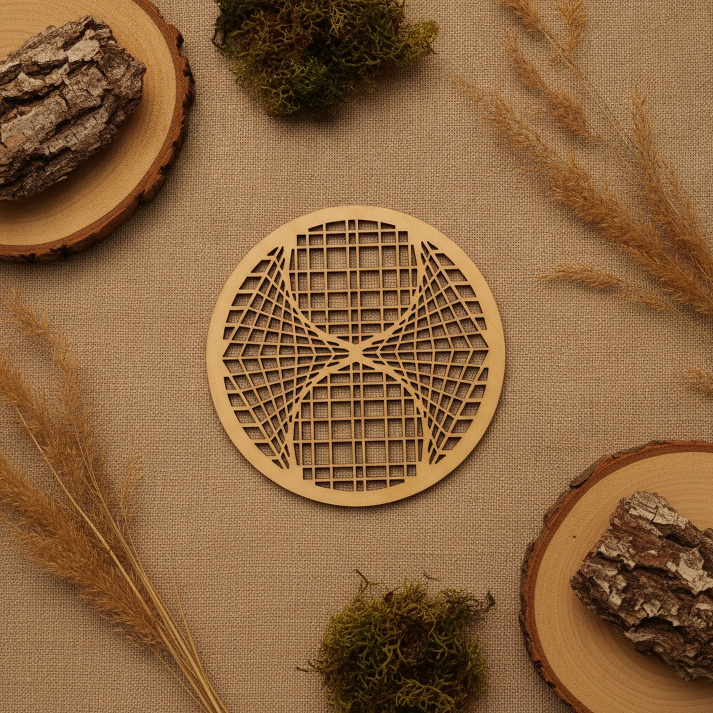 Untersetzer Geometrie mit Trockenblumen und Holz
