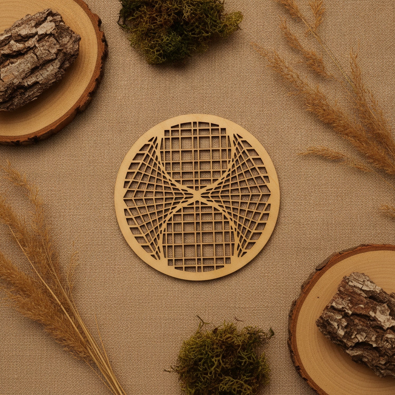 Untersetzer Geometrie mit Trockenblumen und Holz