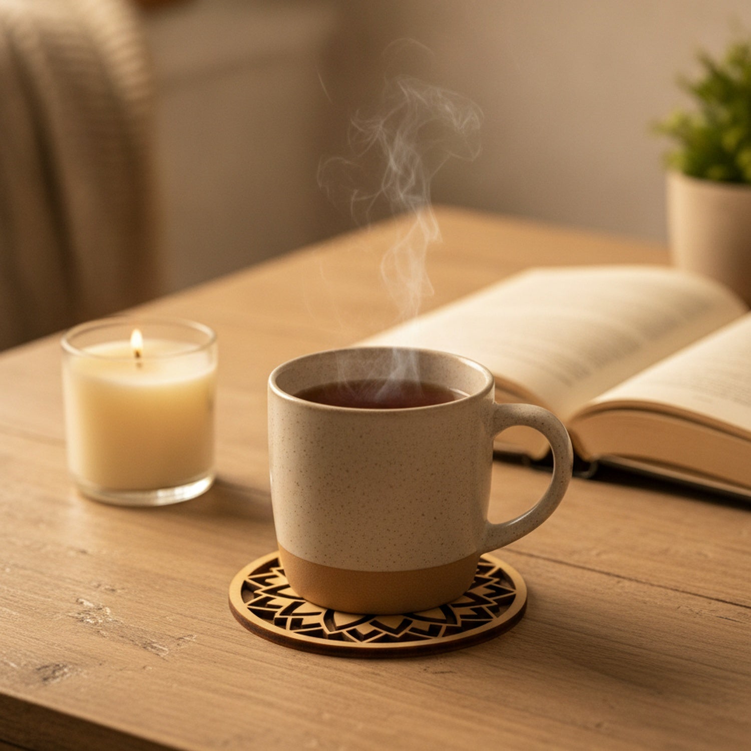 Untersetzer Mandala im Wohnzimmer mit Tasse und Kerze