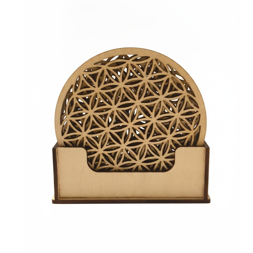 Untersetzer-Set Blume des Lebens mit Holzhalter, lasergeschnitten aus Lindensperrholz