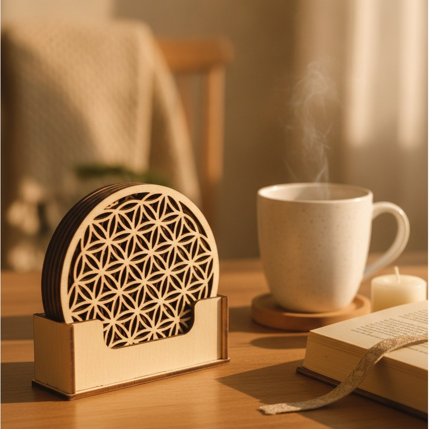 Untersetzer-Set mit Halter auf Holztisch mit Tasse und Kerze